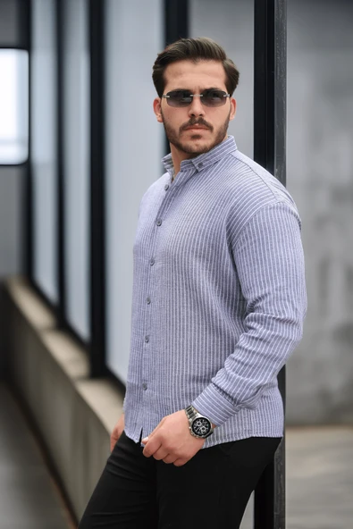 Çizgili Müslin Kumaş Yakalı Erkek Gömlek - Lacivert - Resim 3