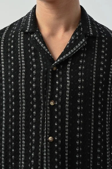 Bohem Çizgili Örme Kumaş Erkek Gömlek - Siyah - 2