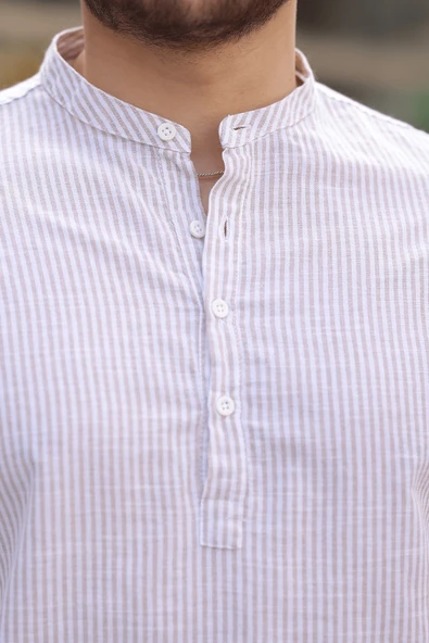 Yarım Pat Dik Şeritli Flam Keten Erkek Gömlek - Bej - 2