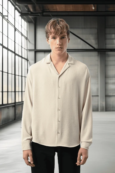 Apaş Yaka Uzun Kol Dokulu Erkek Gömlek - Taş