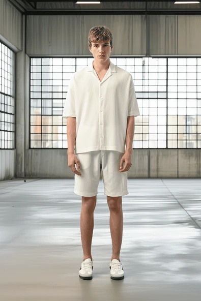 Apaş Yaka Kısa Kol Dokulu Erkek Gömlek - Ekru - 4