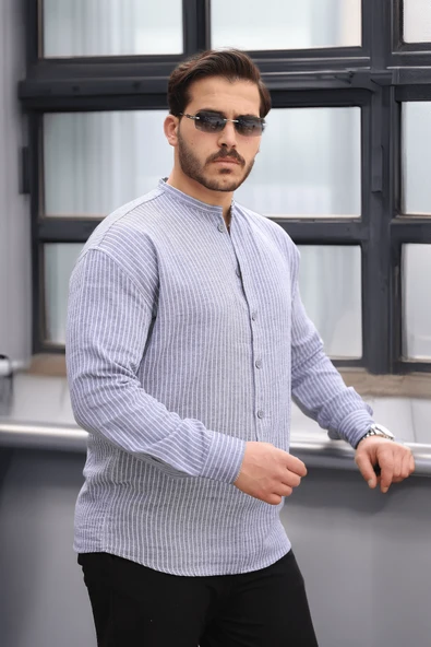 Çizgili Müslin Kumaş Yarım Pat Erkek Gömlek - Siyah - 5