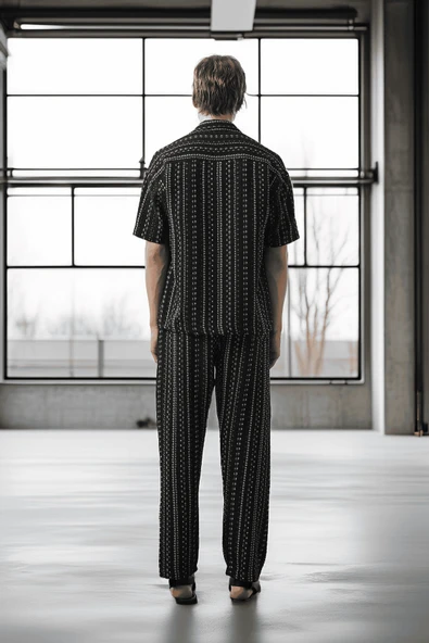 Bohem Çizgili Örme Kumaş Erkek Gömlek - Siyah - 5