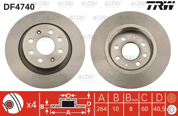 TRW-DF4740 FREN DİSKİ GRANDE PUNTO 05-12 / LINEA 07= / CORSA E 14= / ARKA DÜZ 264-4 (SET)