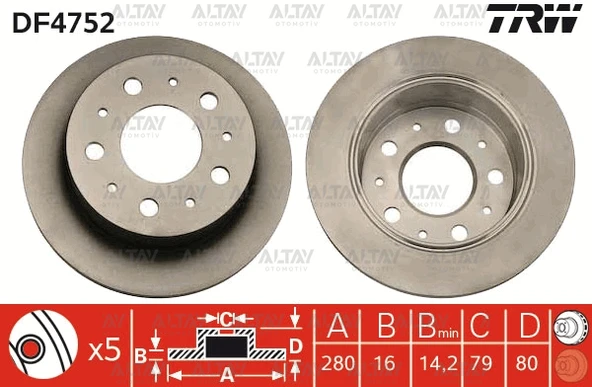 TRW-DF4752 FREN DİSKİ DUCATO III 06-14 / BOXER III 06-14 / JUMPER III 06-14 ARKA DÜZ 16 JANT 280-5 (YÜKSEKLİK 80mm)