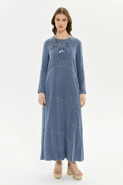 Müsemma Uzun Kol Maxi Elbise - Minimalist, Günlük, Doğal Kumaş - 5