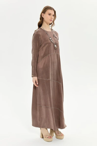 Müsemma Uzun Kol Maxi Elbise - Minimalist, Günlük, Doğal Kumaş - 3