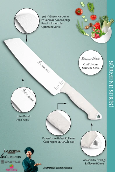 Sürmene Serisi Mutfak Şef Bıçak Seti Et Ekmek Sebze Salata Şef Bıçağı 2 Li Set Beyaz ( Mft-011 ) - 3