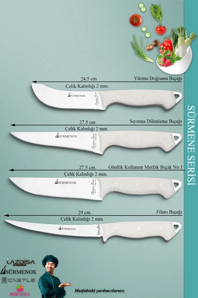 Sürmene Serisi Mutfak Bıçak Seti Et Ekmek Sebze Salata Fileto Bıçağı 4 Lü Set Beyaz Mft-024 - 2