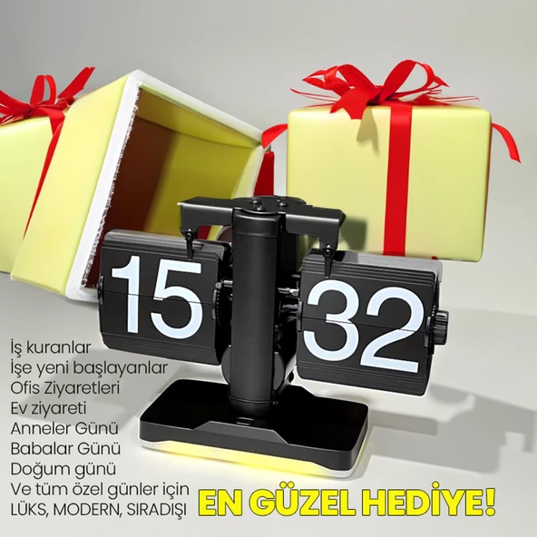 UpWay Retro Modern Tarz Led Işıklı Dekoratif Lüks Hediyelik Çevirmeli Flip Masa Konsol Saati - 7