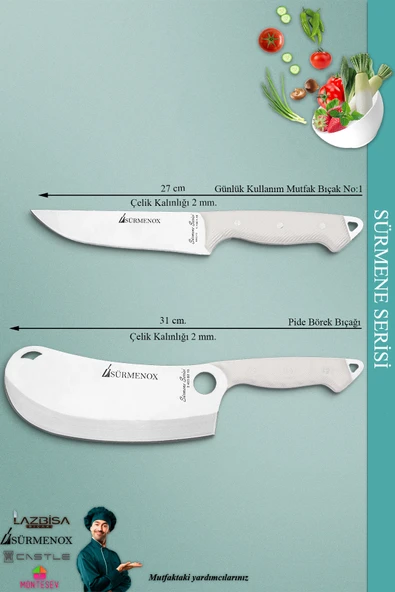 Sürmene Serisi Mutfak Bıçak Seti Et Ekmek Sebze Börek Pide Pizza Şef Bıçağı 2 Li Set Beyaz (Mft-016) - 2
