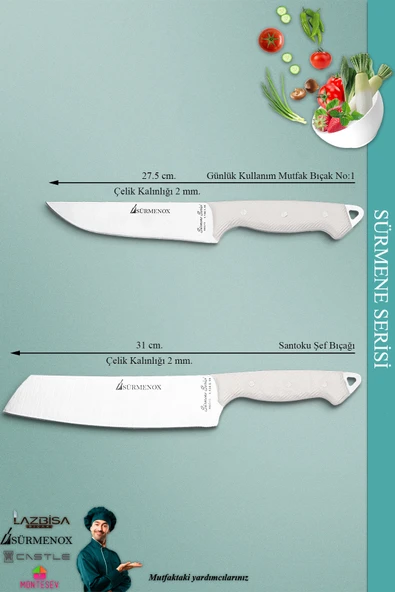 Sürmene Serisi Mutfak Santoku Şef Bıçak Seti Et Ekmek Sebze Şef Bıçağı 2 Li Set Beyaz  ( Mft-018 ) - 2