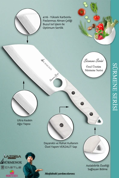 Sürmene Serisi Mutfak Kamp Kesik Şef Bıçak Et Ekmek Sebze Salata Kamp Şef Bıçağı Kahve ( Mft-030 ) - 4