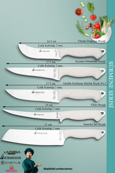 Sürmene Serisi Mutfak Şef Bıçak Seti Et Ekmek Sebze Salata Fileto Bıçağı 5 Li Set Beyaz (MFT-025) - 2