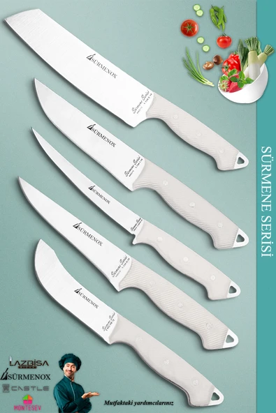 Sürmene Serisi Mutfak Şef Bıçak Seti Et Ekmek Sebze Salata Fileto Bıçağı 5 Li Set Beyaz (MFT-025)