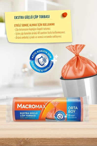 Macromax Ekstra Güçlü Çöp Torbası Orta Boy 15'li X 3 Adet - Resim 3