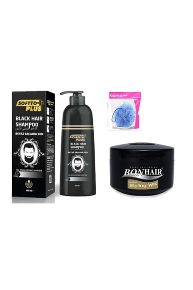 SOFTTO PLUS Beyaz Saçlar Için Siyah Şampuan 350ml + Wax + Lif