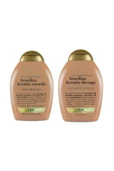 OGX Brazilian Keratin Düzleştirici Etkili Şampuan 385 ml + Saç Kremi