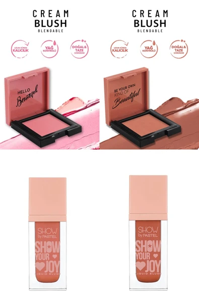 PASTEL Cream Blush Krem Allık 42 Rosery ve 41 Dazzling +Show By Pastel Likit Allık 57 ve Likit Allık 53
