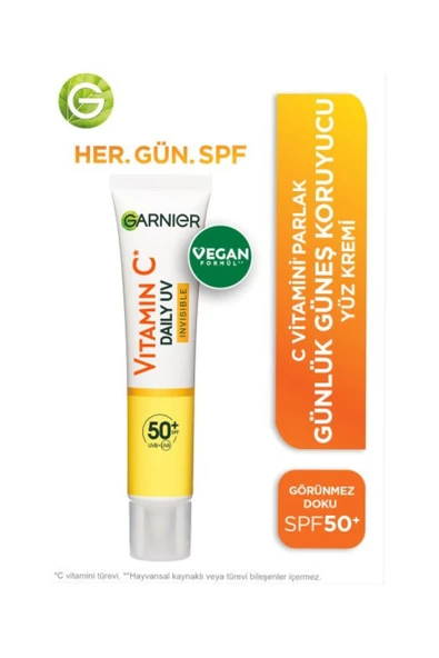 GARNİER C Vitamini Parlak Günlük Güneş Koruyucu Fluid Yüz Kremi Görünmez Doku SPF50+ 40ml