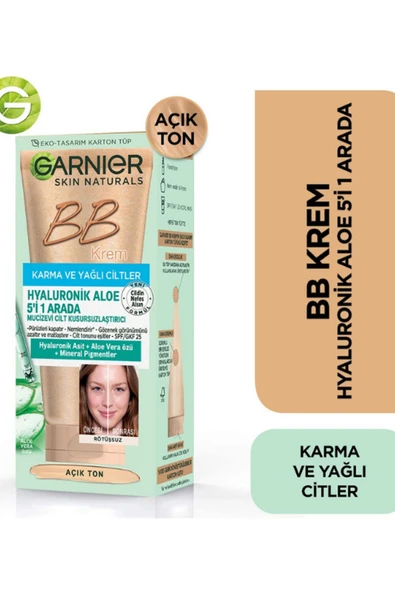 GARNİER BB Krem Hyaluronik Aloe 5'i 1 Arada Mucizevi Cilt Kusursuzlaştırıcı SPF25 - Açık Ton