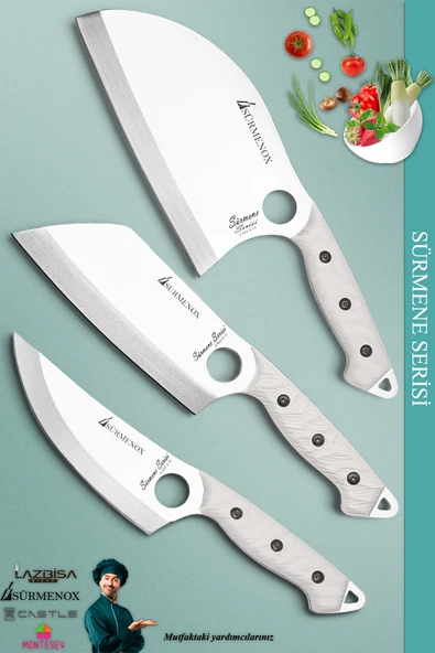 Sürmene Serisi Mutfak Kamp Şef Bıçak Seti Et Ekmek Sebze Kamp Şef Bıçağı Beyaz 3 Lü Set ( Mft-038 )
