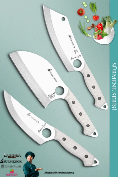 Sürmene Serisi Mutfak Kamp Şef Bıçak Seti Et Ekmek Salata Kamp Şef Bıçağı Beyaz 3 Lü Set ( Mft-037 )