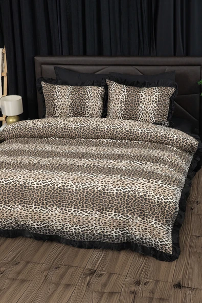 Fırfırlı Leopar Desenli Lastikli Çarşaflı Çift Kişilik Nevresim Takımı - 6
