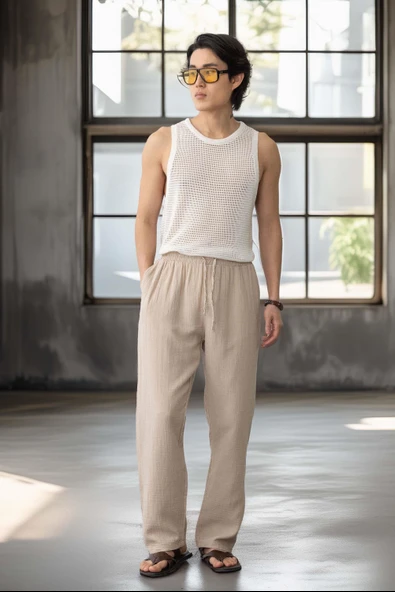 Baggy Kalıp Müslin Kumaş Pantolon - Orta Bej - 8
