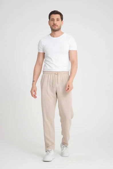 Aerobin Keten Baggy Kalıp Pantolon - Bej - 5