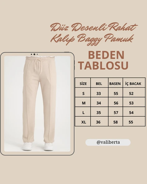 Düz Desenli Rahat Kalıp Beli Lastikli Baggy  Pantolon - Bej - 9