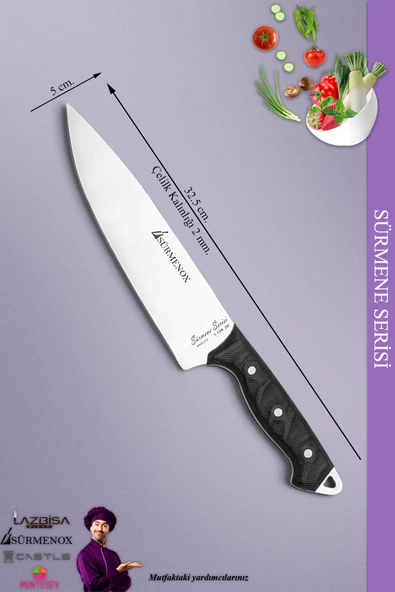 Sürmene Serisi Sivri Mutfak Şef Bıçak Et Ekmek Sebze Salata Şef Bıçağı Siyah ( MFT-004 ) - 2