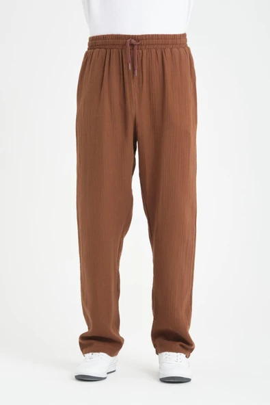 Hafif ve Rahat Müslin Baggy Erkek Pantolon - Kahve - 2