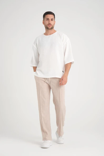 Düz Desenli Rahat Kalıp Beli Lastikli Baggy  Pantolon - Bej - 4