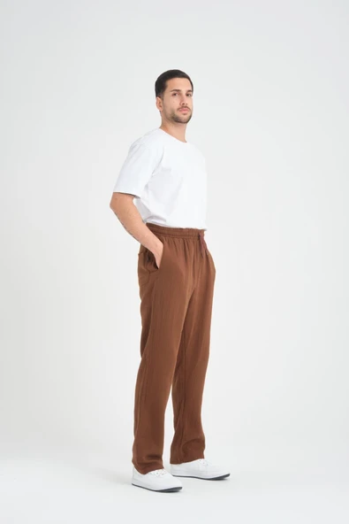Hafif ve Rahat Müslin Baggy Erkek Pantolon - Kahve - 5