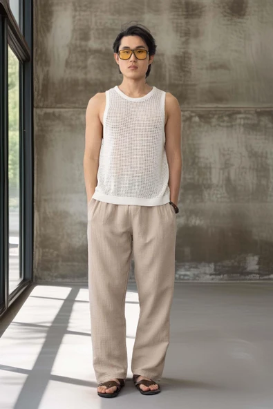 Baggy Kalıp Müslin Kumaş Pantolon - Orta Bej - 6