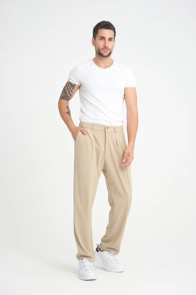 Premium Pileli Baggy Kalıp Pantolon - Bej - 4