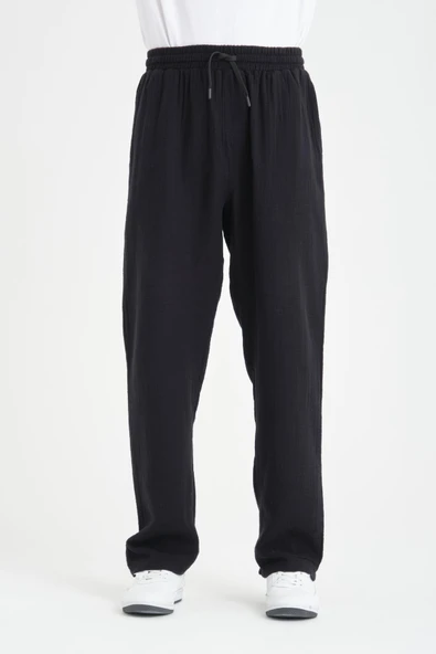 Hafif ve Rahat Müslin Baggy Erkek Pantolon - Siyah - 2