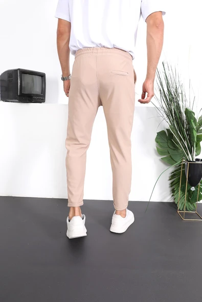 Premium Dokulu Duble Paça Fit Pantolon - Bej - 4