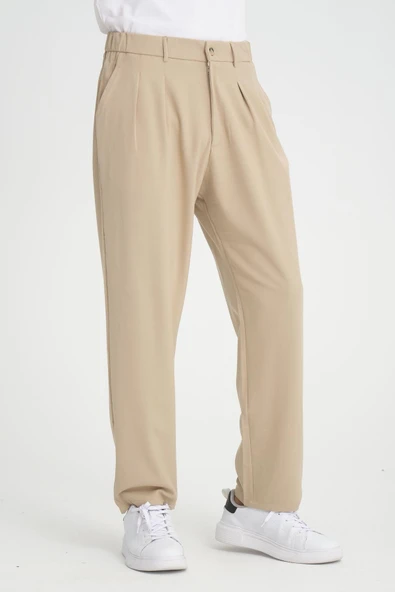 Premium Pileli Baggy Kalıp Pantolon - Bej - 3