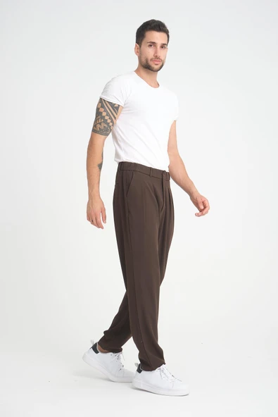 Premium Pileli Baggy Kalıp Pantolon - Kahve - 5