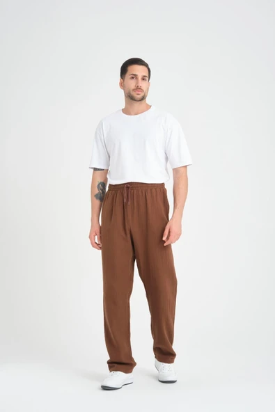 Hafif ve Rahat Müslin Baggy Erkek Pantolon - Kahve - 4