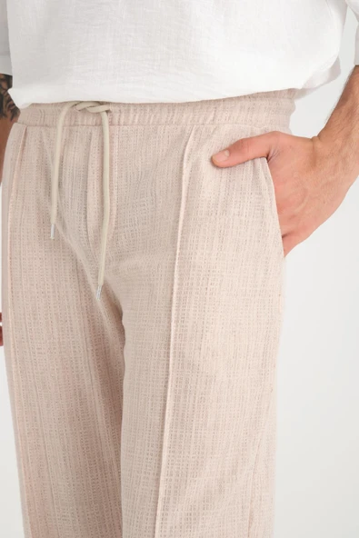Düz Desenli Rahat Kalıp Beli Lastikli Baggy  Pantolon - Bej - 3