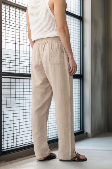 Baggy Kalıp Müslin Kumaş Pantolon - Orta Bej - 5