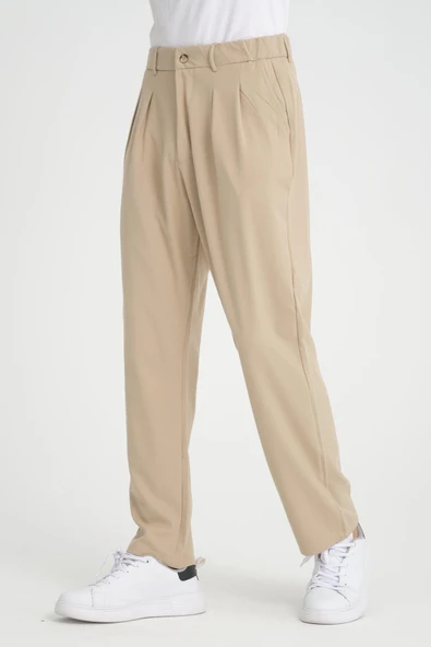 Premium Pileli Baggy Kalıp Pantolon - Bej - 2