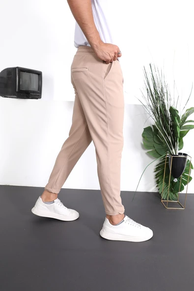 Premium Dokulu Duble Paça Fit Pantolon - Bej - 3