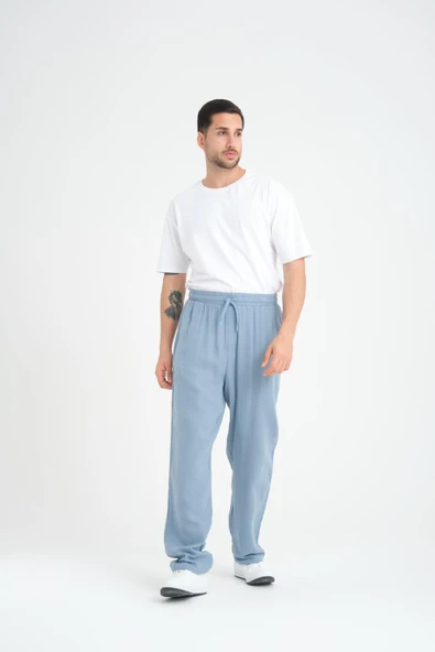 Hafif ve Rahat Müslin Baggy Erkek Pantolon - Soğuk Mavi - 3