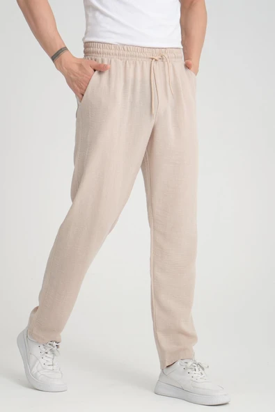 Aerobin Keten Baggy Kalıp Pantolon - Bej - 2