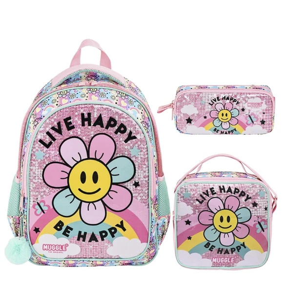 Muggle 2 Bölmeli Live Happy Okul Çantası + Termoslu Beslenme Çantası + Kalemlik
