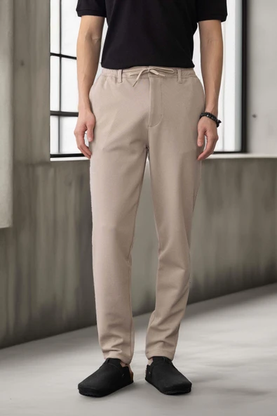 Akira Örme Pike Kumaş Beli Lastikli Fermuarlı Erkek Pantolon - Bej ürün görseli 1